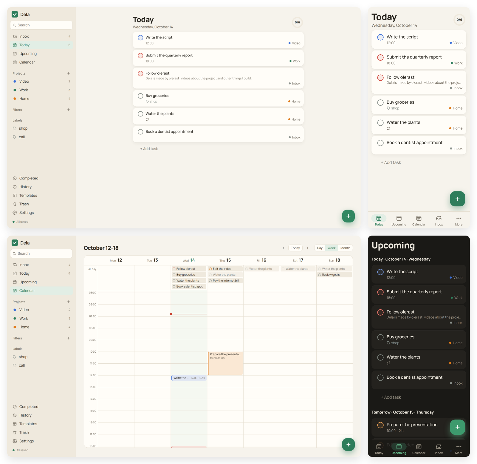 Dela: Today and the week calendar on a computer, Today and Upcoming on a phone